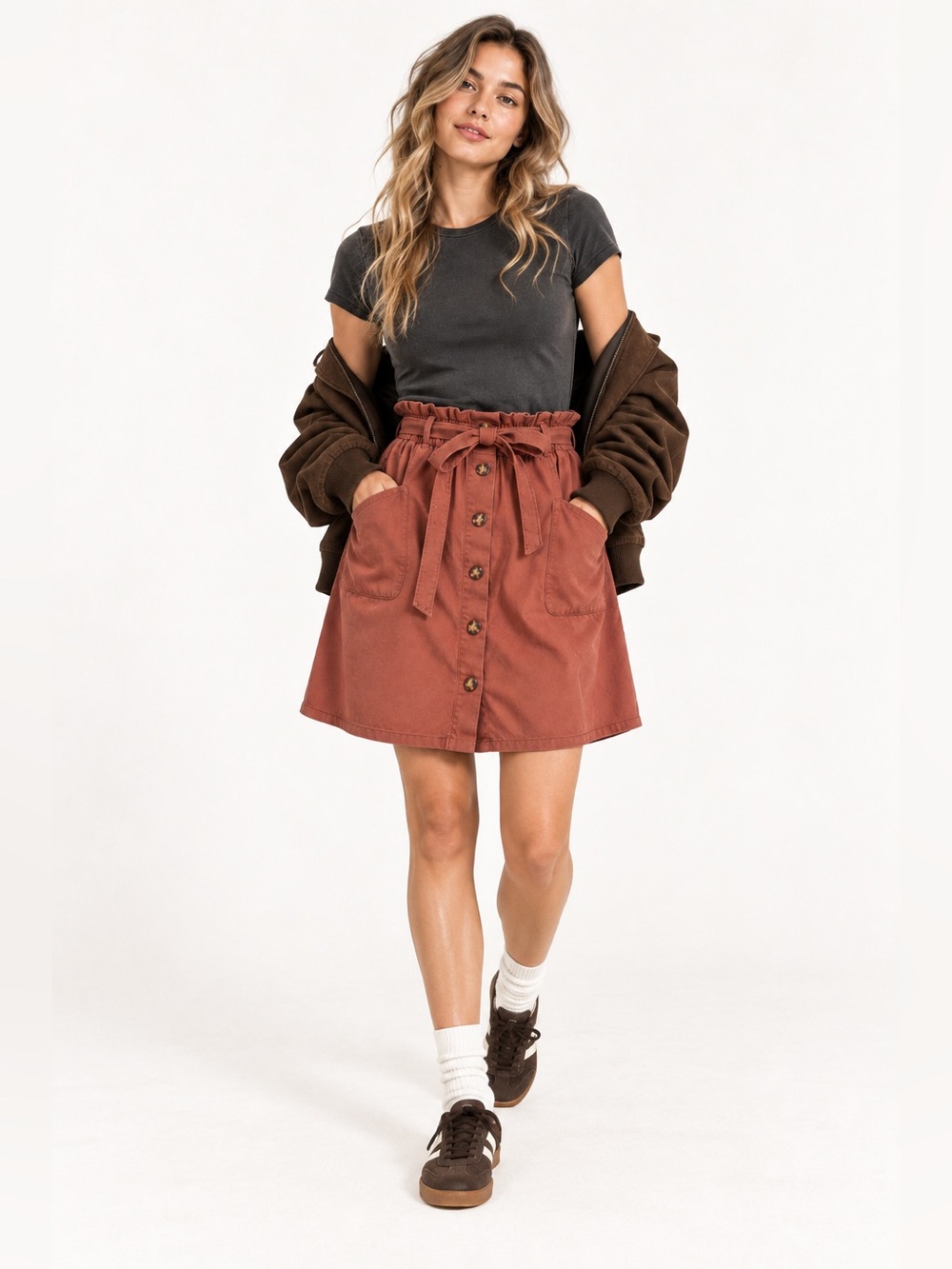 Sadie & Love Rust Cotton Paperbag Waist Button Front Utility Mini Skirt S